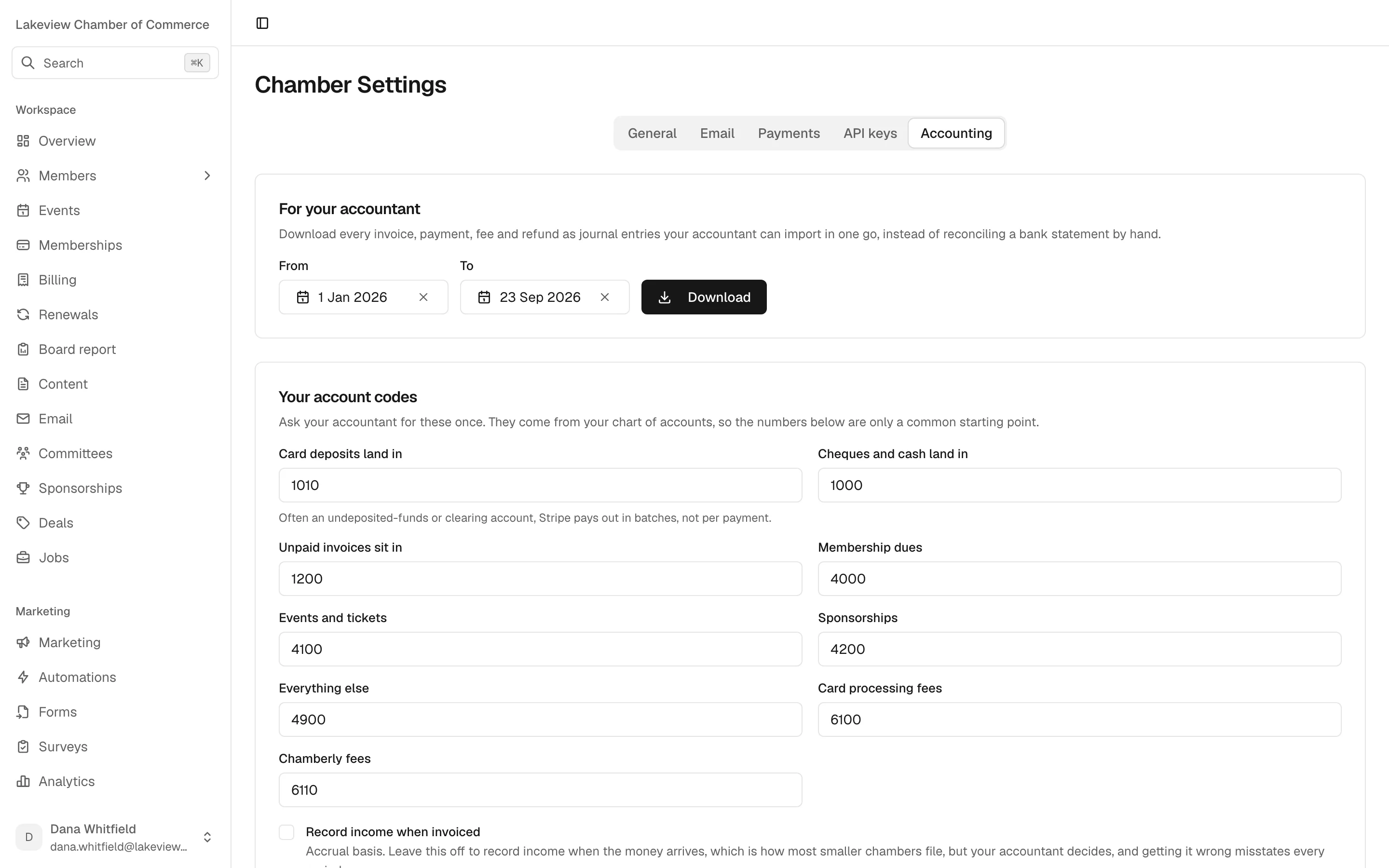 Chamberly's accounting settings: a date range and Download button for the journal export, and editable account codes for card deposits, cheques and cash, unpaid invoices, membership dues, events, sponsorships, card processing fees and Chamberly fees