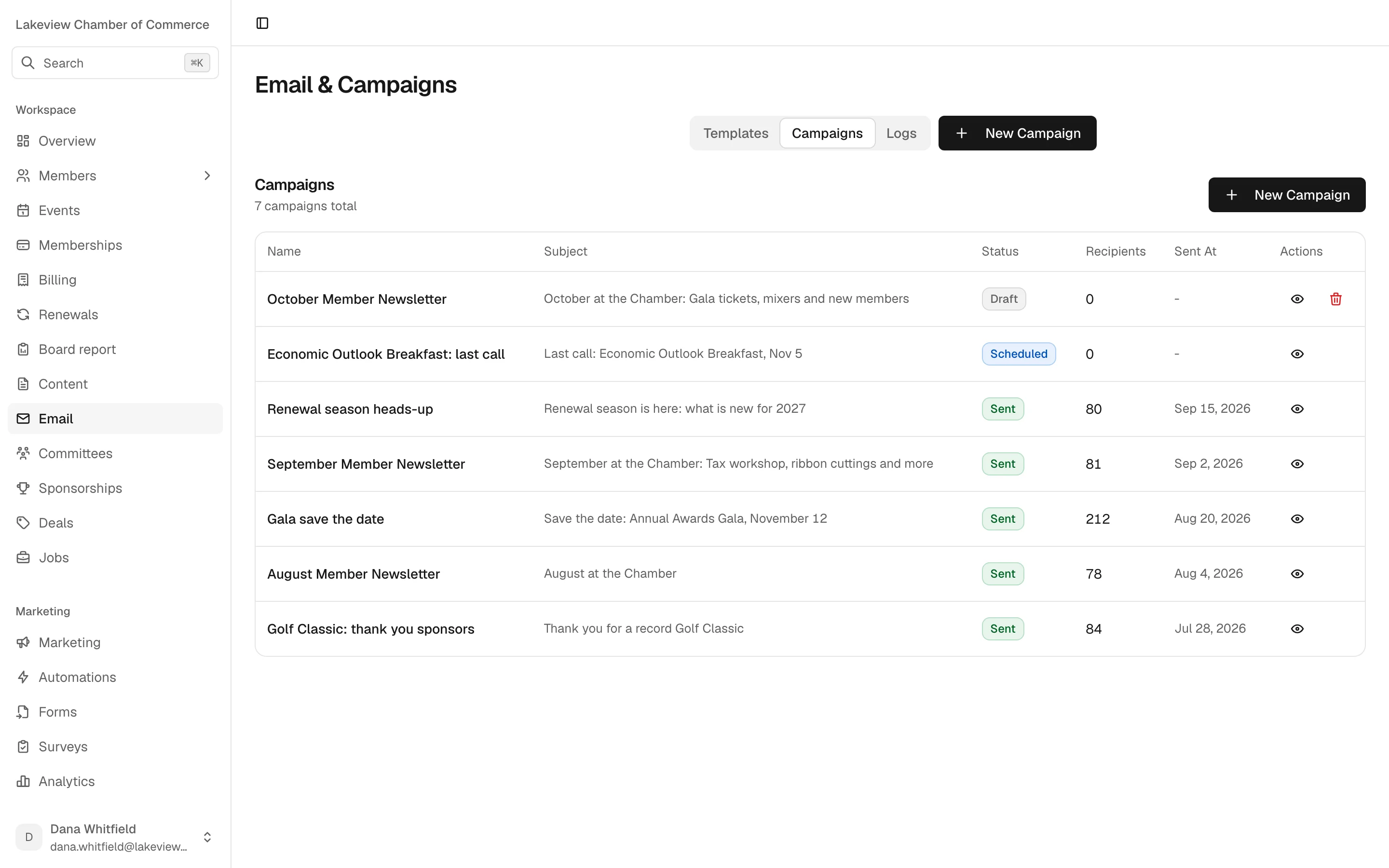 The Email and Campaigns screen listing seven campaigns, including monthly member newsletters, a gala save the date and a renewal season heads-up, each marked draft, scheduled or sent, with recipient counts and send dates