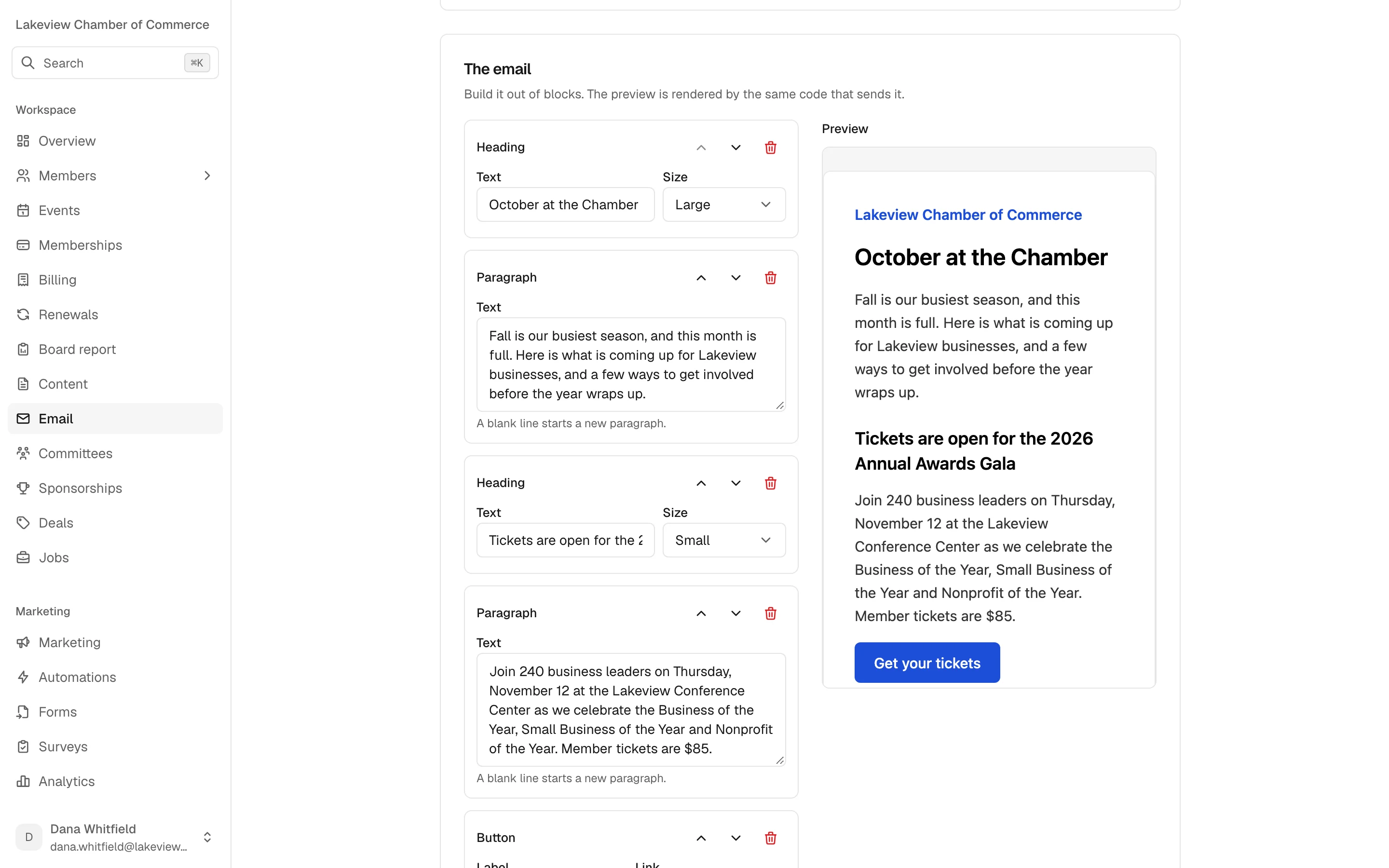 The email builder with heading, paragraph and button blocks beside a live preview of the newsletter