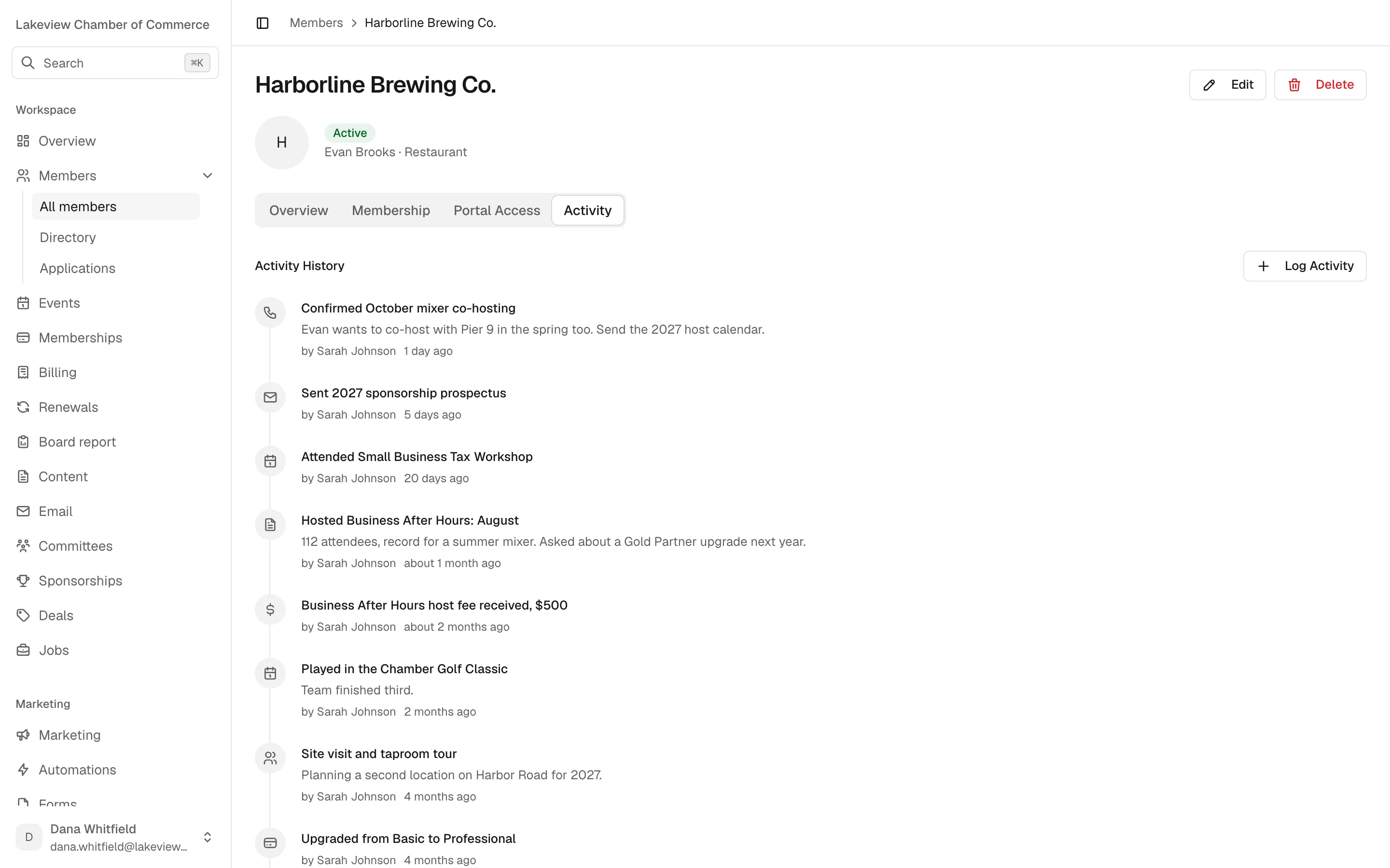 A member profile in Chamberly with an activity timeline of calls, emails, events attended and payments