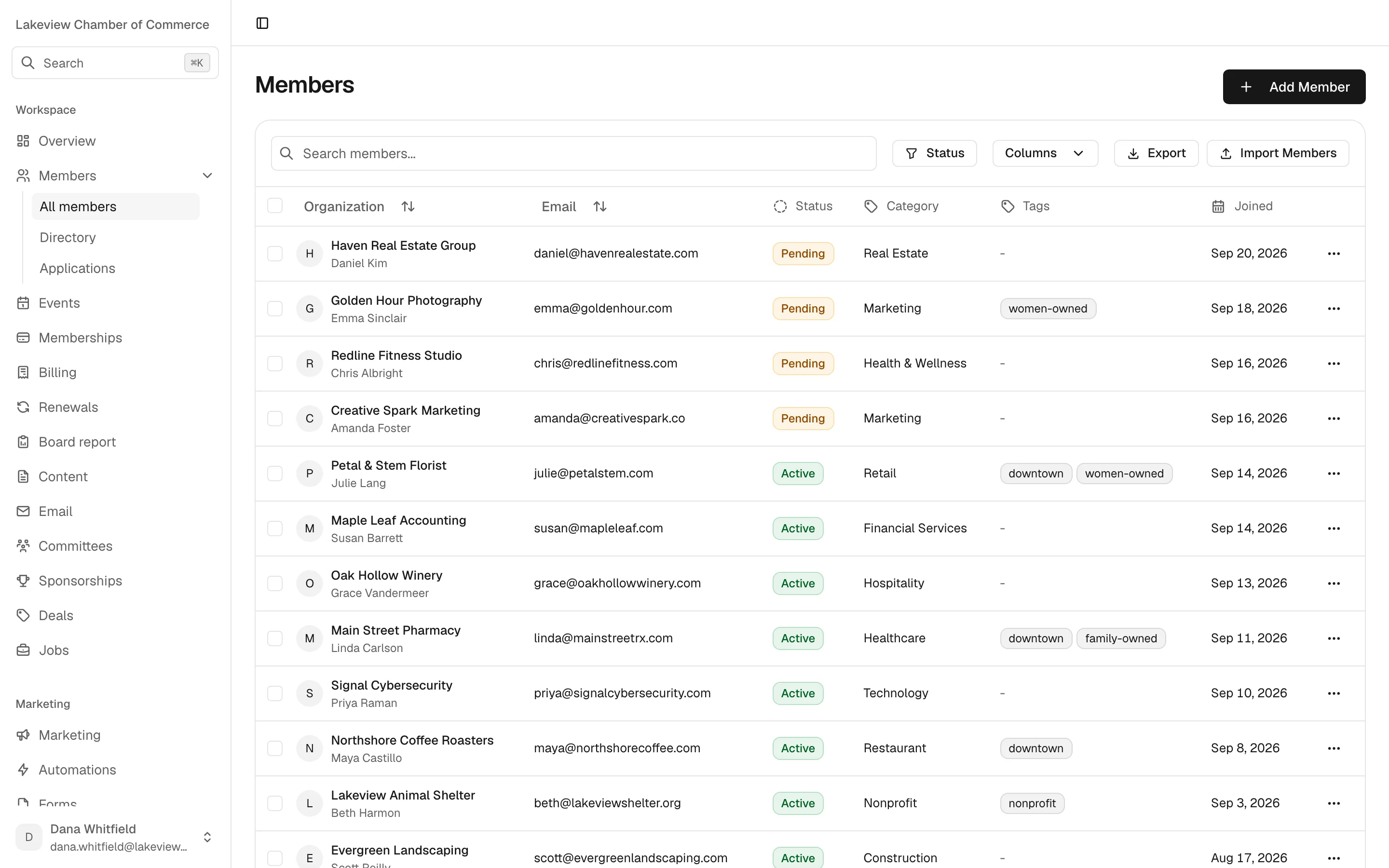 The Chamberly members list, with All members, Directory and Applications under Members in the sidebar, and a table of member businesses with their status, business category such as Retail, Hospitality or Healthcare, and tags such as downtown and women-owned