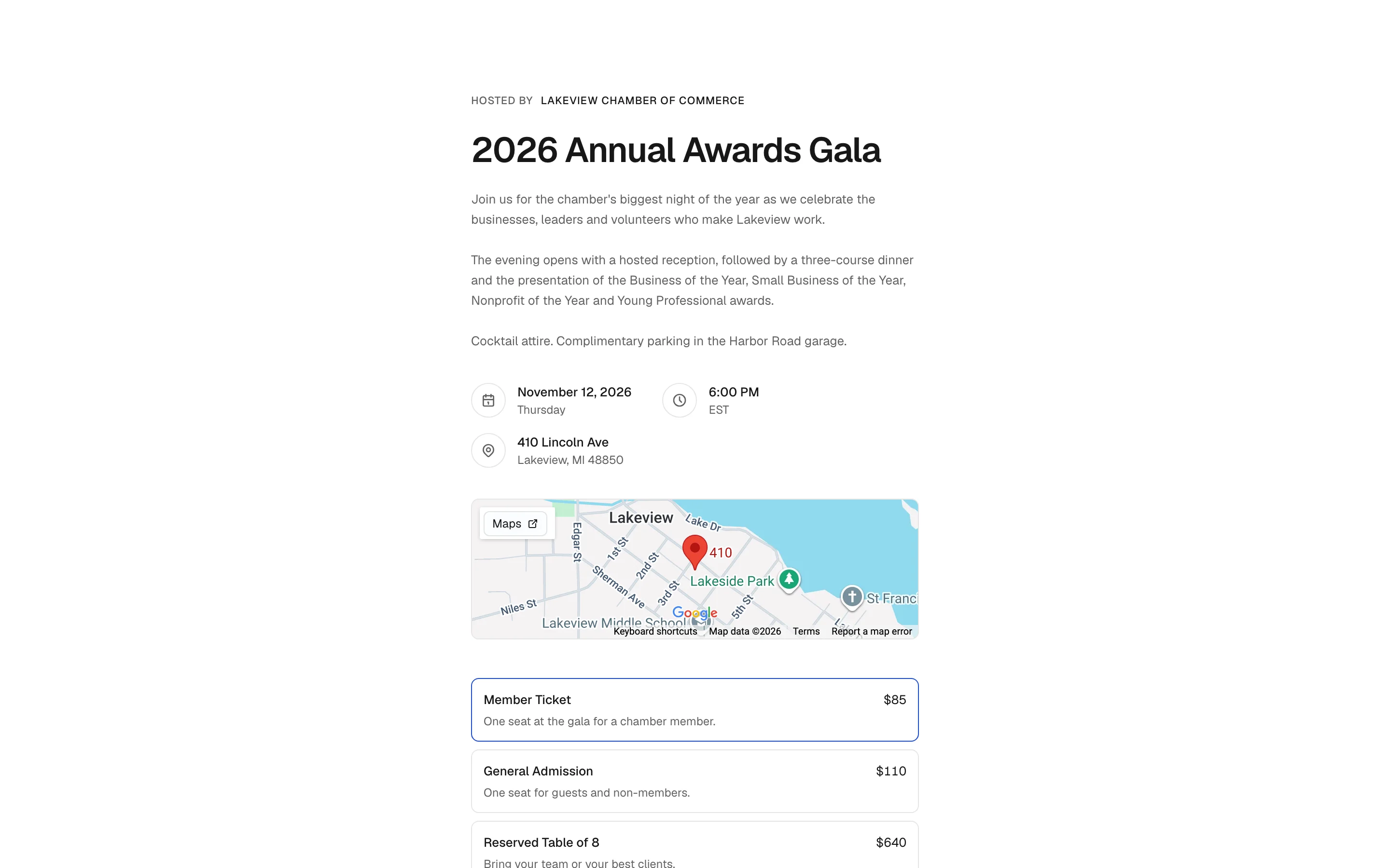 The public page for the 2026 Annual Awards Gala, hosted by Lakeview Chamber of Commerce: a description of the evening, the date, time and address, a map of Lakeview, and the member ticket, general admission and reserved table options with their prices